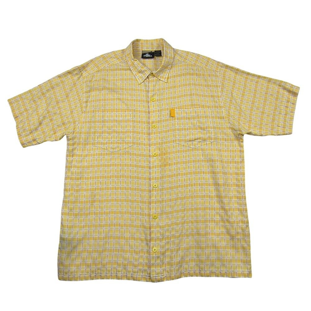 PNB Nation Mens XL Yellow Plaid Rayon Blend Short Sleeve Button Down Shirt 624